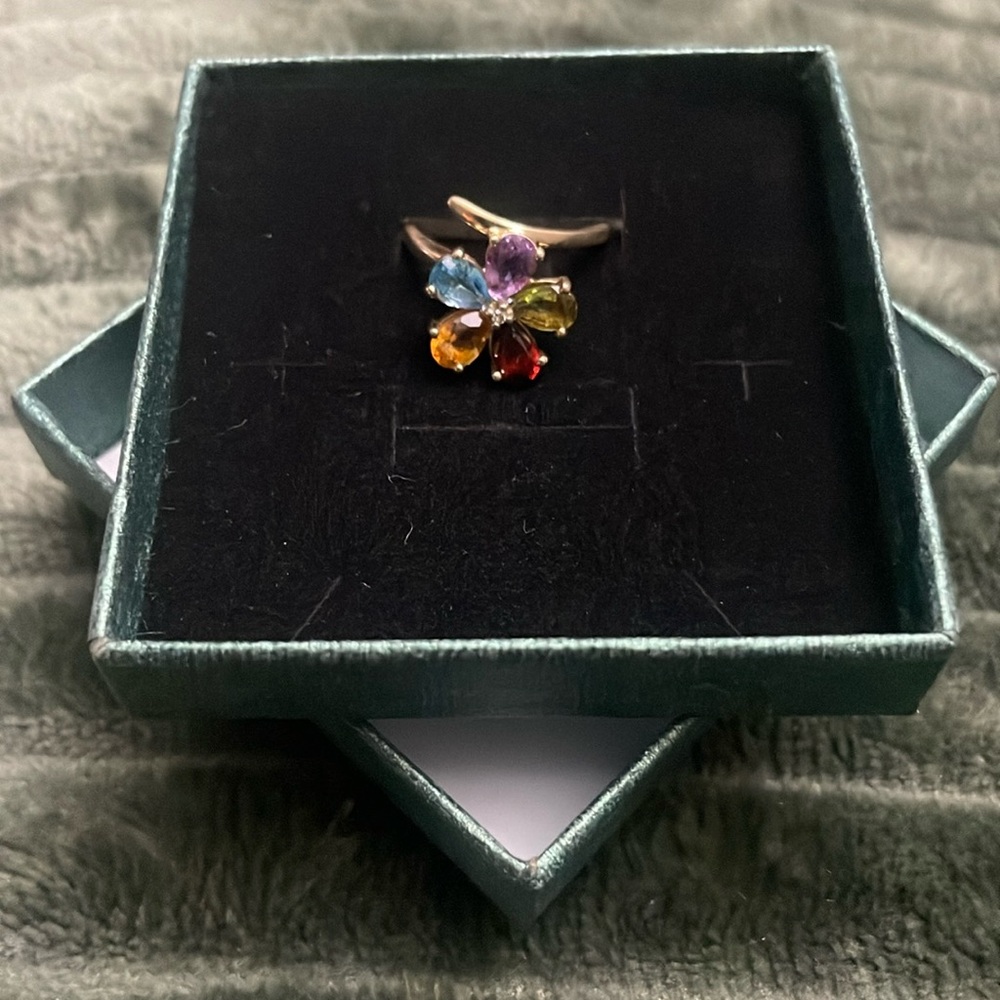 Vintage 10K GOLD Flower Ring w/ Diamond Amethyst Citrine Topaz Garnet Peridot